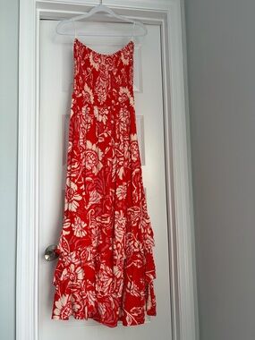Strapless Red Floral Maxi Dress - Classic Summer Style